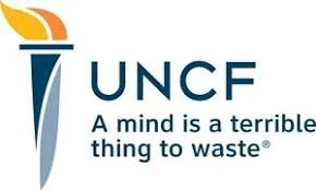 UNCF logo with slogan 'A mind is a terrible thing to waste' and a torch icon.