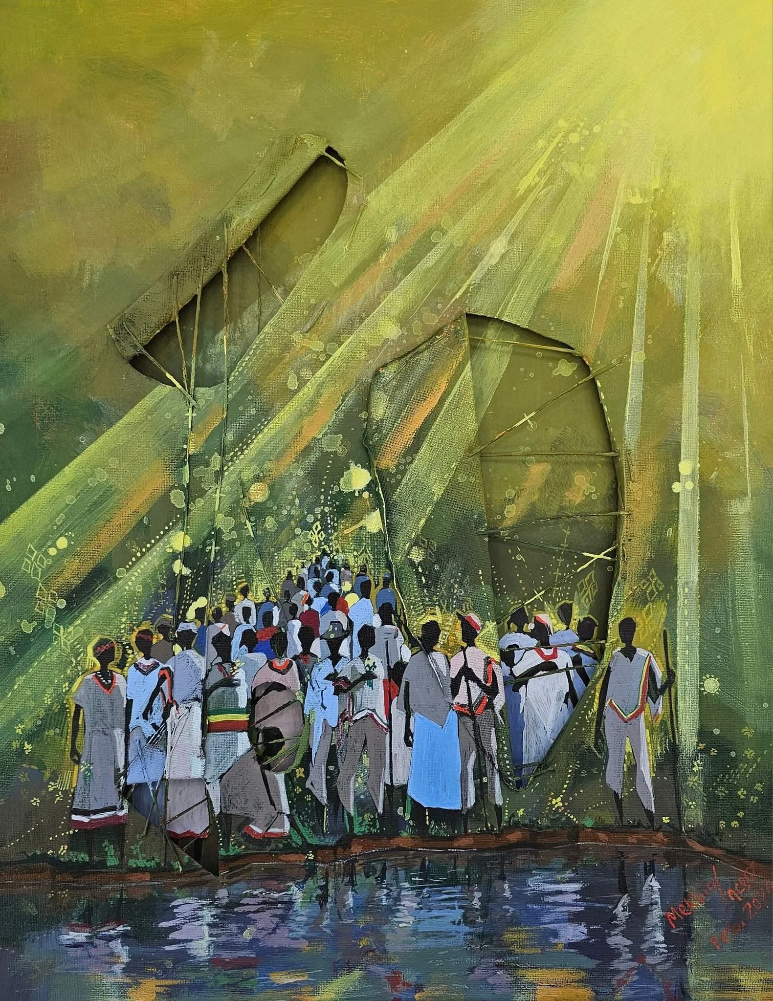 A painting depicting a group of people dressed in traditional clothing gathering by a water body, with large, abstract green and yellow shapes and geometric patterns in the background.