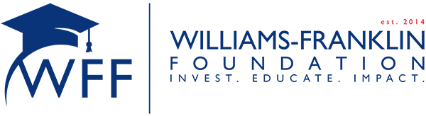 Williams-Franklin Foundation logo featuring a blue mortarboard icon, the initials 'WFF,' and the text 'Williams-Franklin Foundation Oct. 2014 Invest. Educate. Impact.' in blue and red.