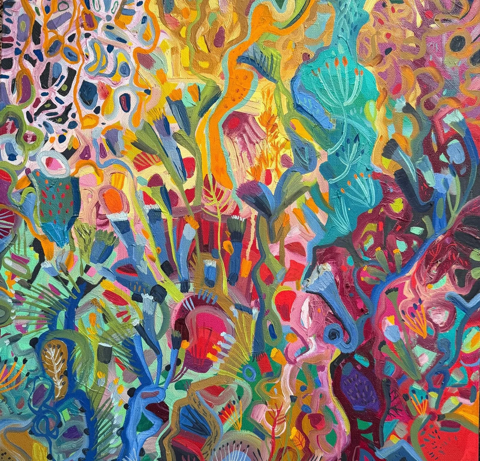 Colorful abstract painting with various plant-like shapes, leaves, and organic forms in bright hues including blue, green, pink, yellow, orange, and purple.