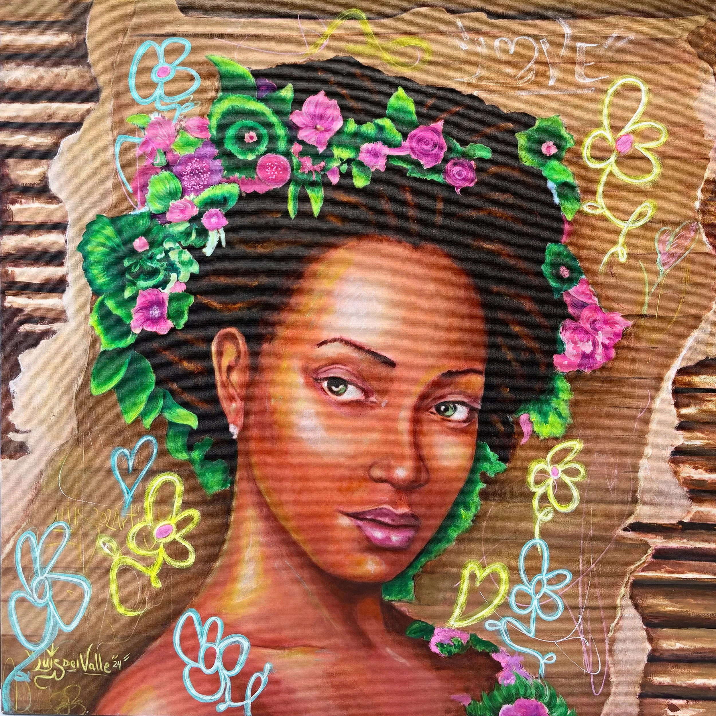 A portrait of a woman with dark hair styled in twists, with a floral crown of pink and purple flowers and green leaves, surrounded by glowing neon yellow, pink, and blue butterfly and heart illustrations. The background is a torn-paper effect with wooden slats visible.