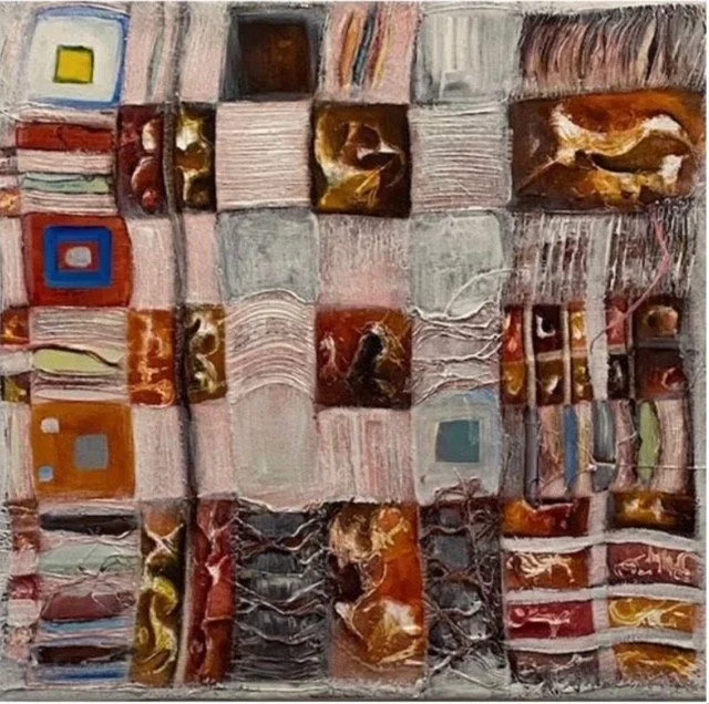 An abstract mixed media artwork featuring a grid of square and rectangular panels with various textured and painted surfaces in earthy tones, with some geometric patterns and layered materials.