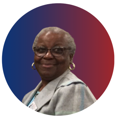 Portrait of an elderly woman with glasses, short gray hair, wearing a light-colored blazer, and gold hoop earrings, against a blue and red gradient background.