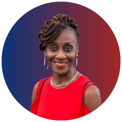 Portrait of a smiling woman with dreadlocks, wearing a red sleeveless top and jewelry, against a circular gradient background.