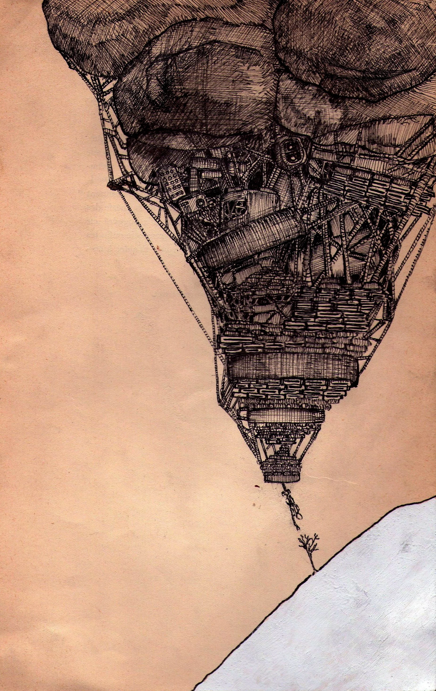 A detailed ink drawing of a house built inside a hot air balloon shape, with the balloon extending upward and a small tree and hill at the base.