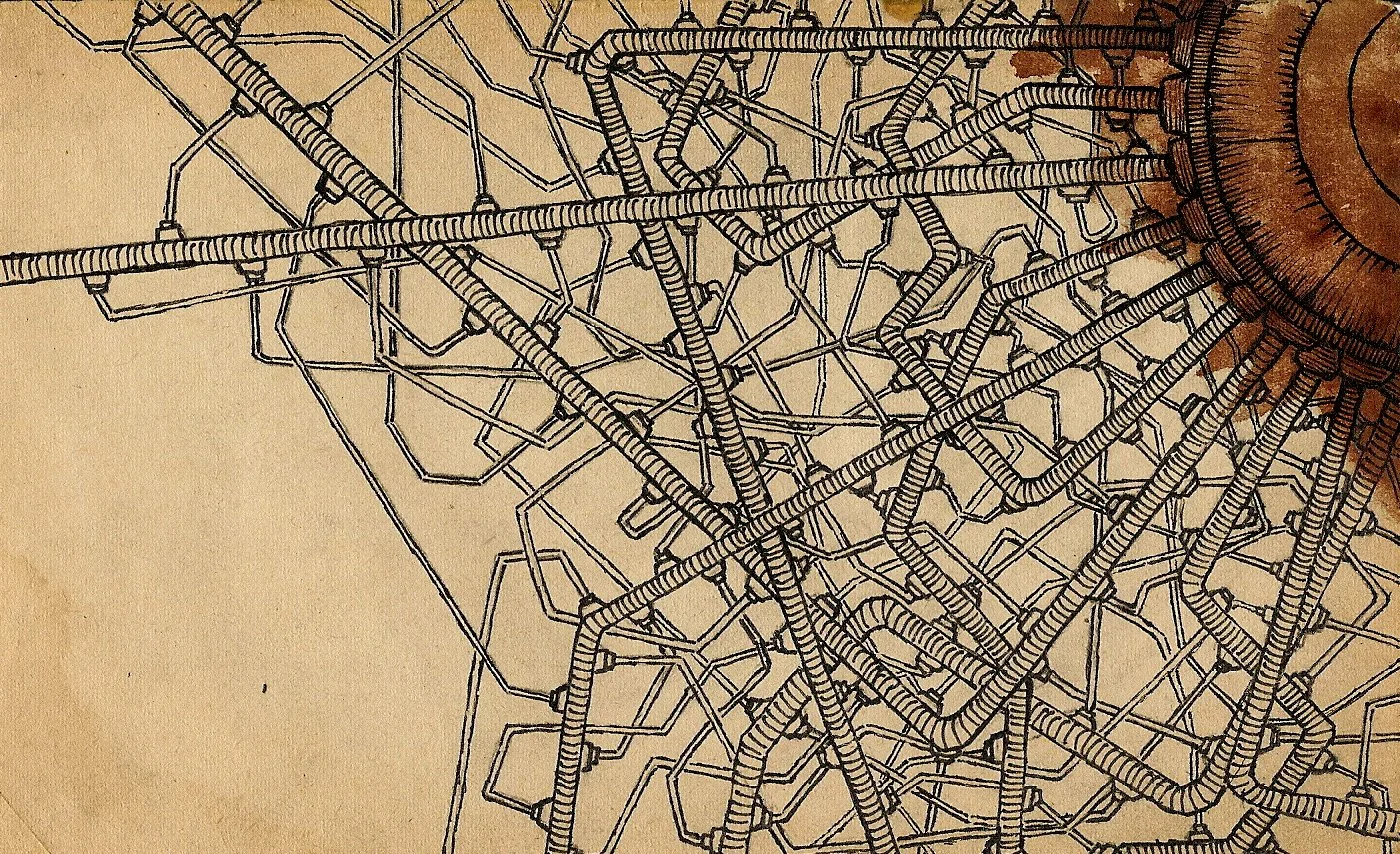 A detailed illustration of a spider web with a large circular center and intricate lines radiating outward, set against a beige background.