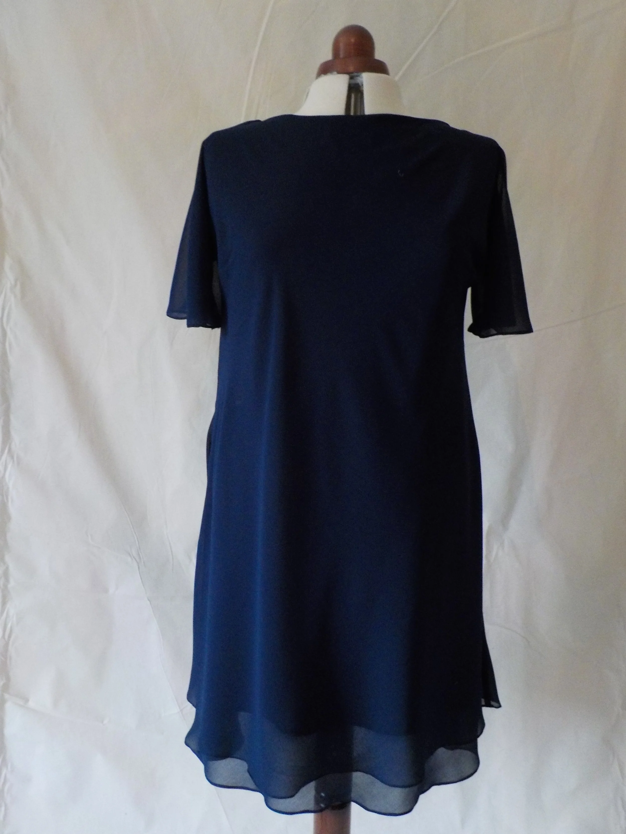 Bespoke navy silk chiffon triple layered short Wedding guest dress by Beatrice Espinosa