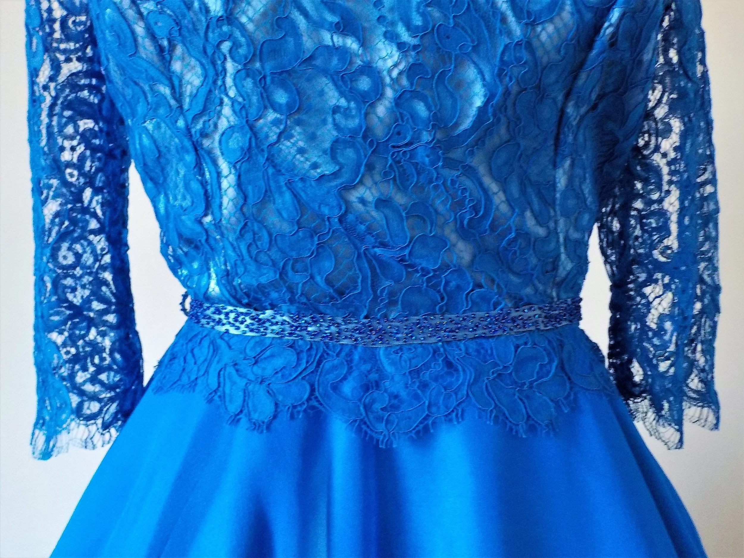 Marine blue silk and lace dress by Beatrice Espinosa