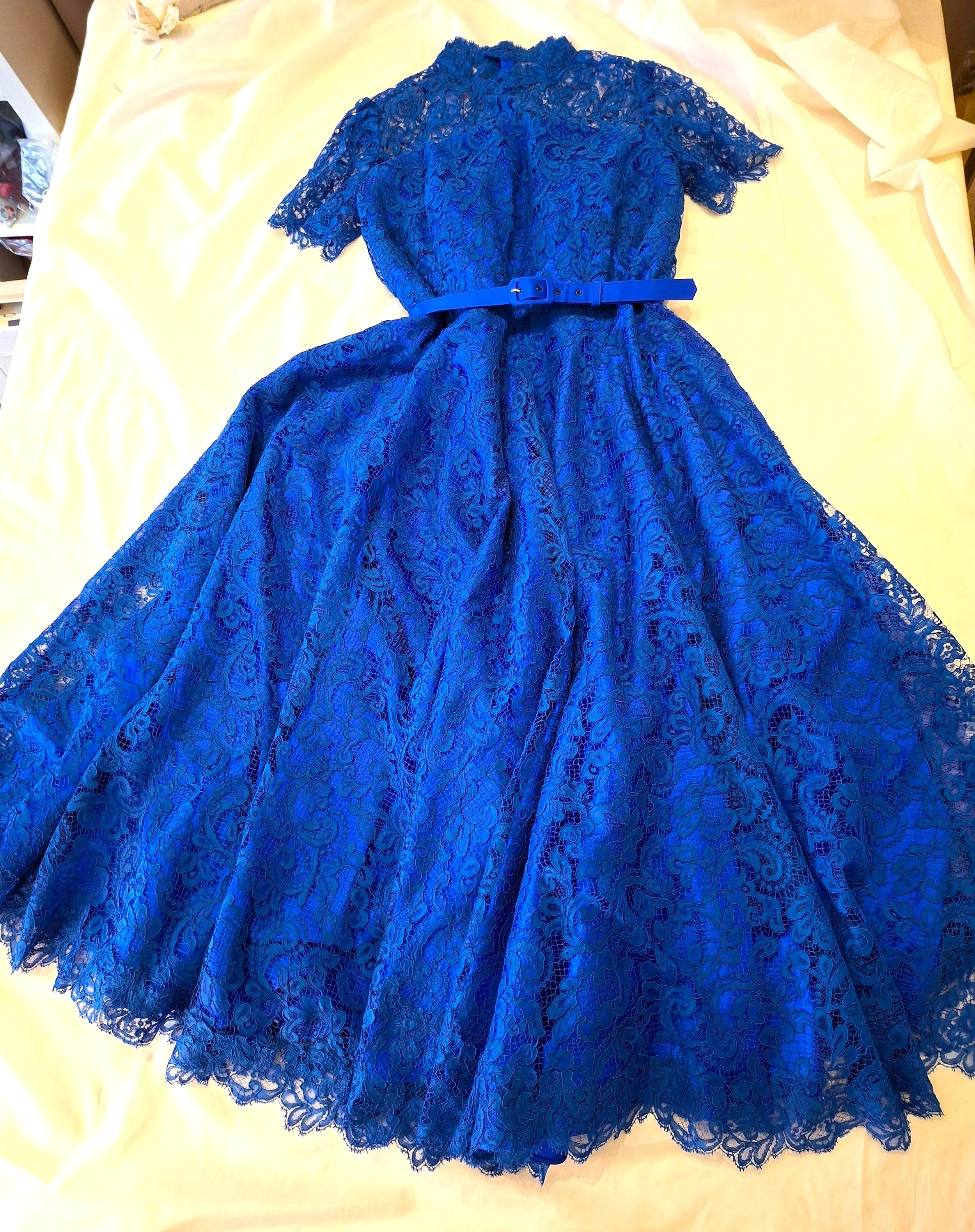 Electric blue silk dress with lace overlay by Beatrice Espinosa