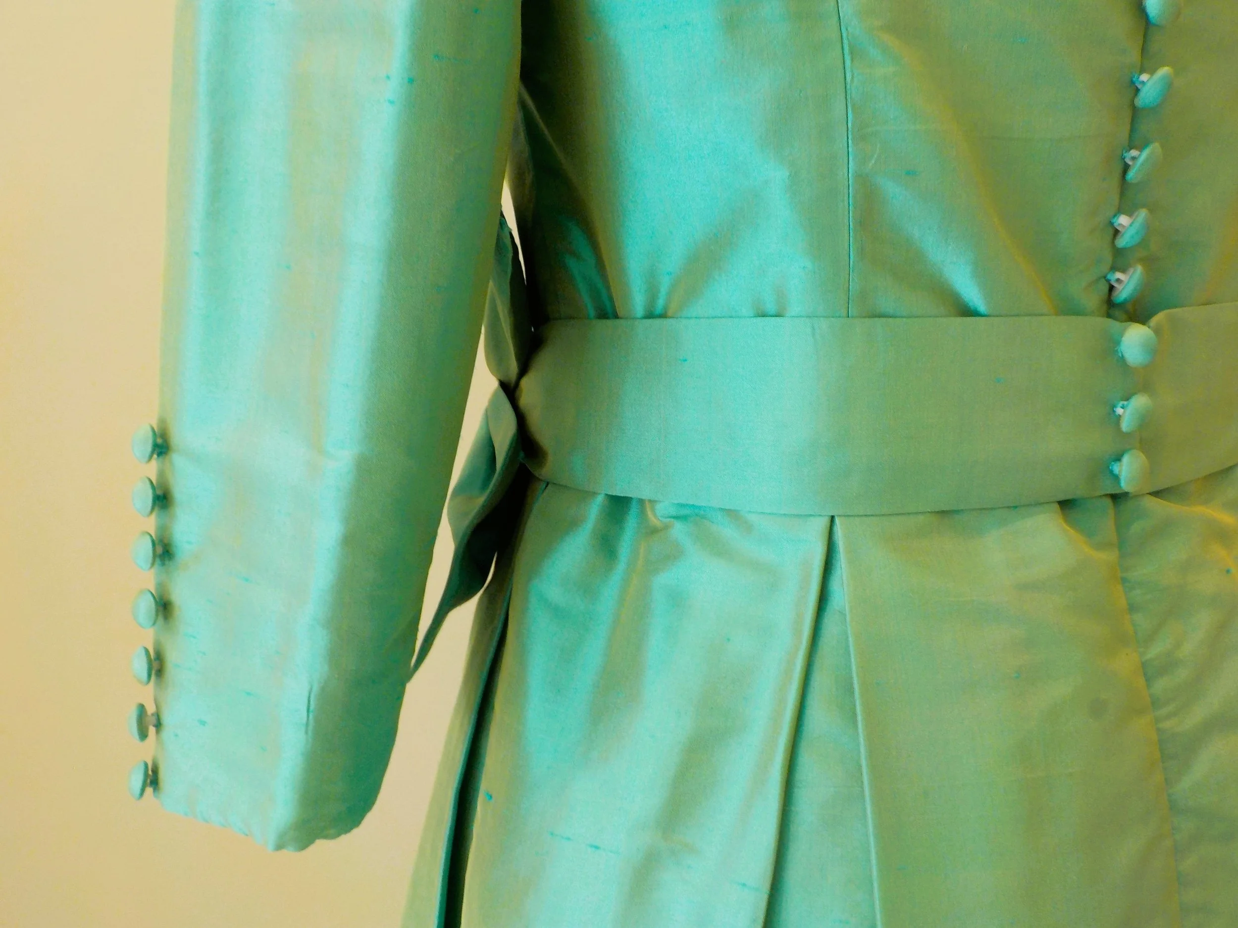 Bespoke aqua silk tailored dress by Beatrice Espinosa