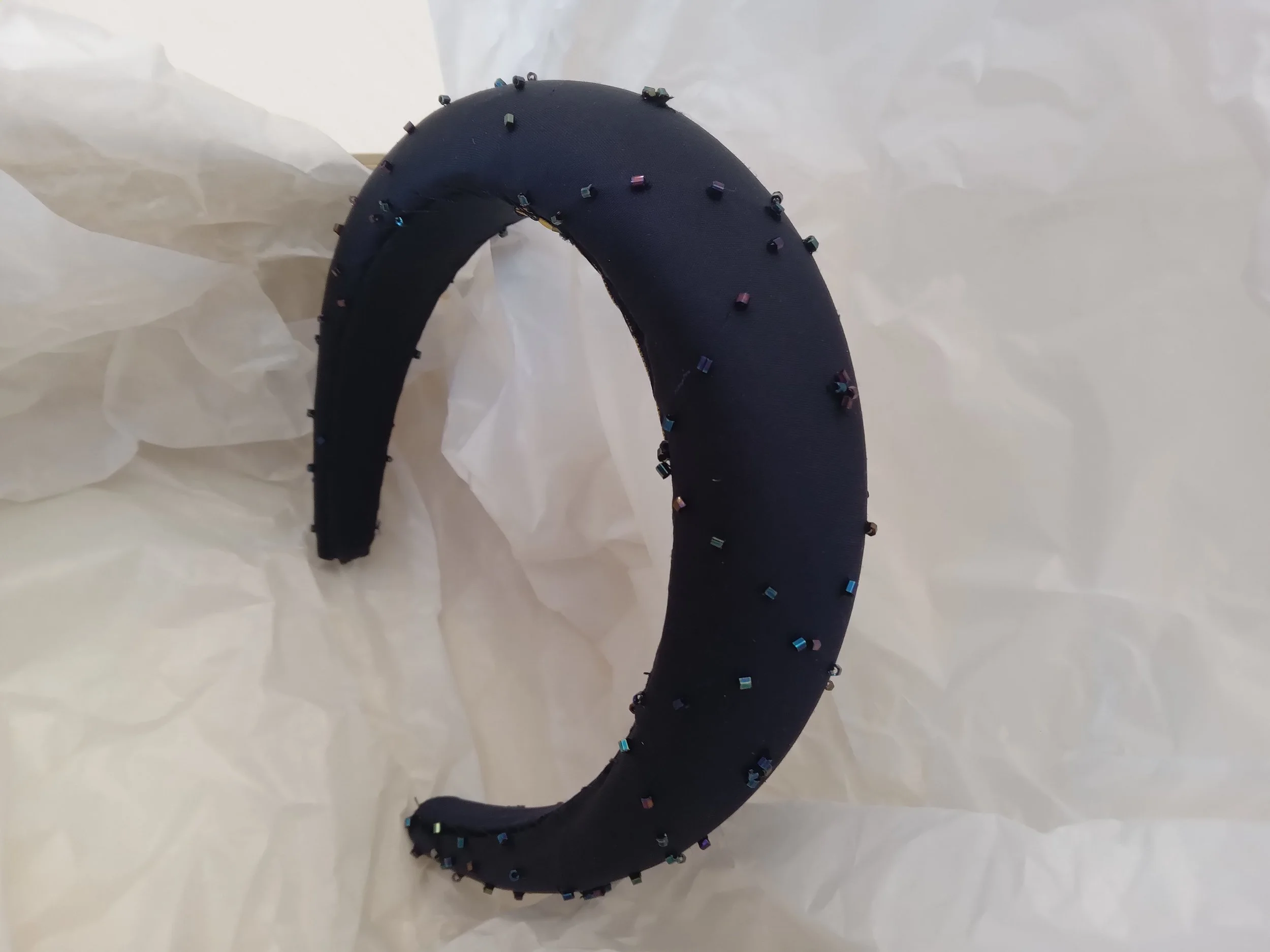 Navy silk beaded matching headband by Beatrice Espinosa