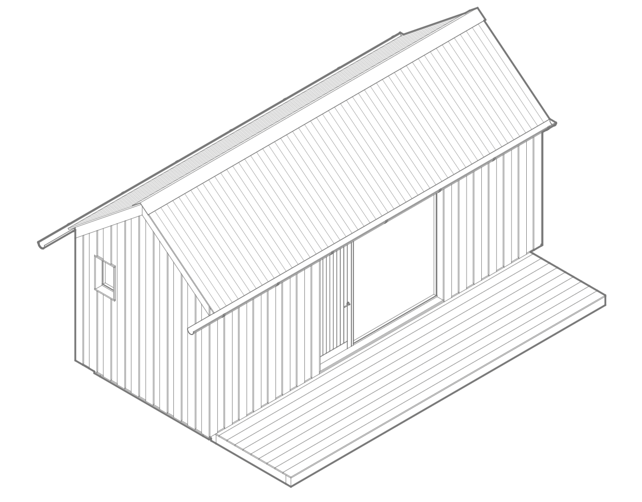 A black and white line drawing of a small shed with a gabled roof, side window, sliding door, and wooden deck extending from the front, viewed in perspective.