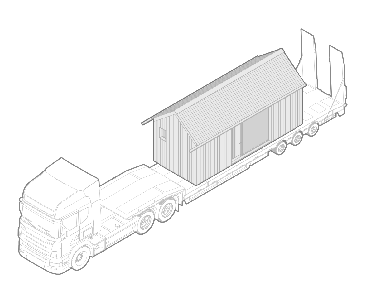 A truck with a flatbed trailer carrying a small house with a gabled roof.