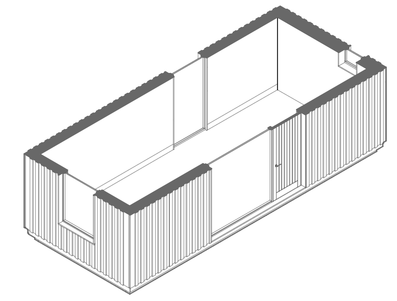 Isometric drawing of an empty hut with open doors.
