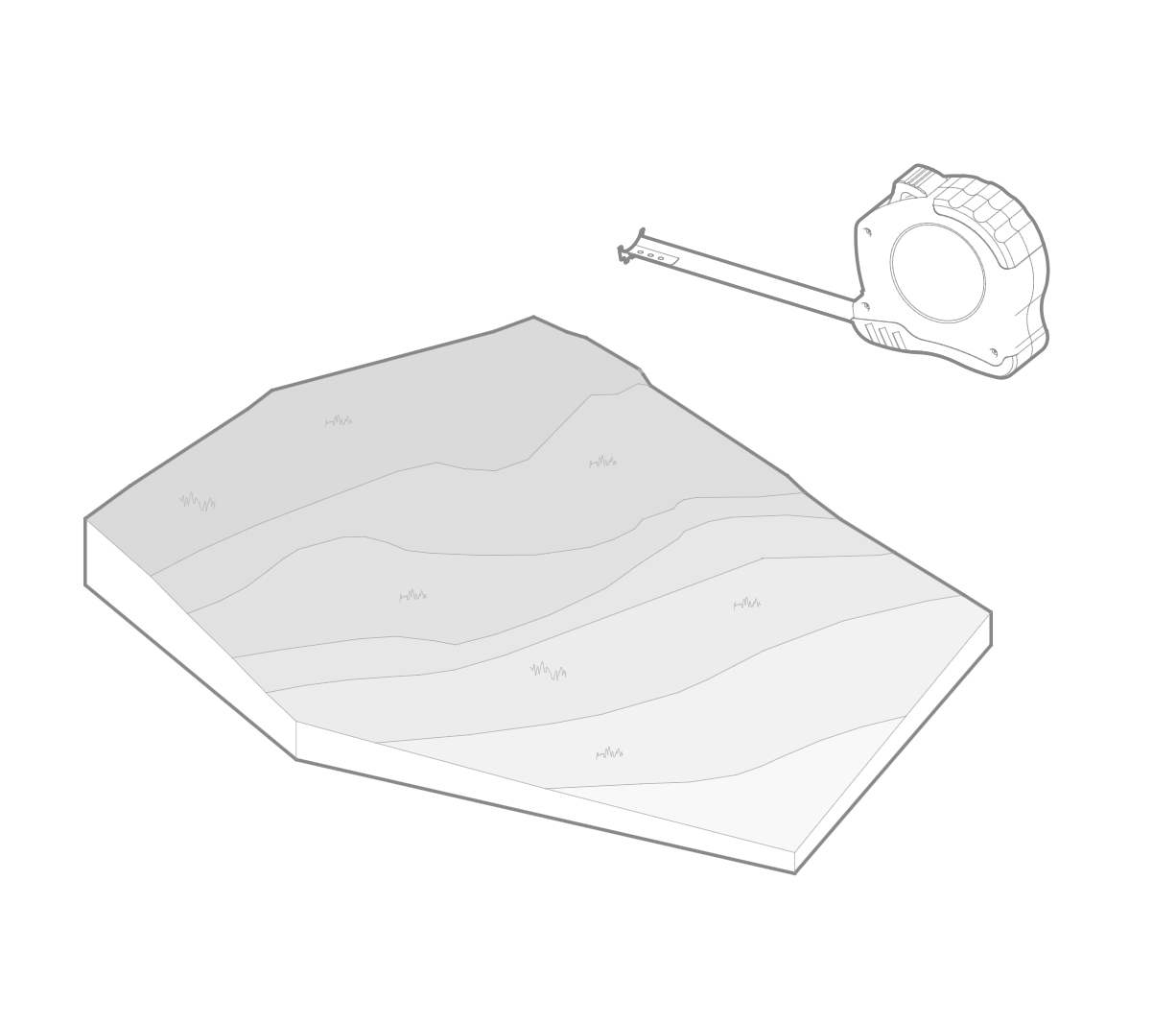 Drawing of a tape measure and a topographical map with elevation contours and some grass patches.