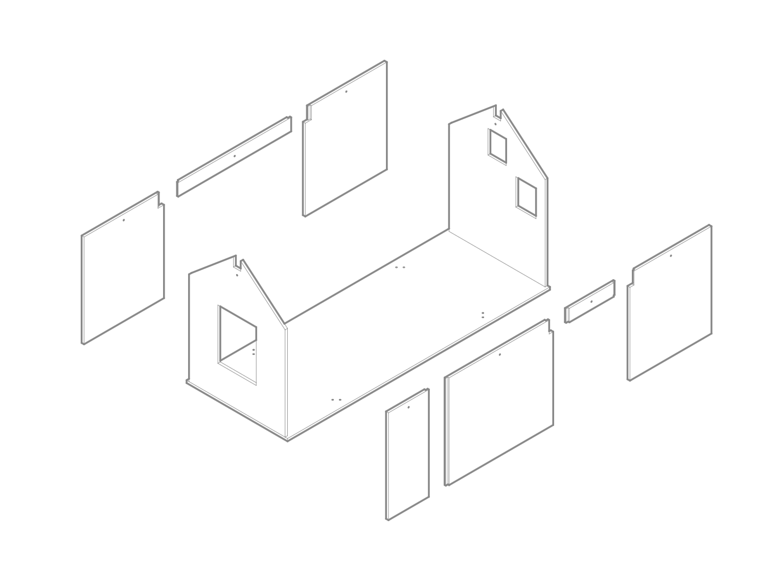 Line drawing of an assembled dollhouse with six walls, two with windows, and detailed door and window openings. Disassembled pieces are arranged around the main structure.