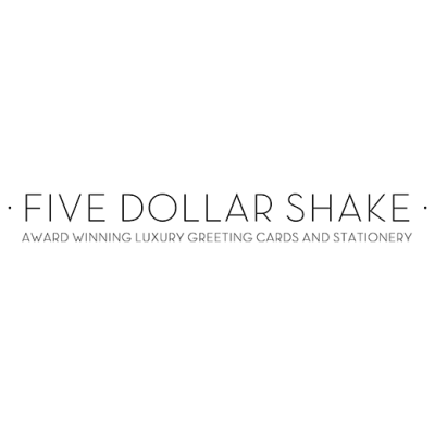 Logo for Five Dollar Shake featuring the company name and tagline, "Award winning luxury greeting cards and stationery."