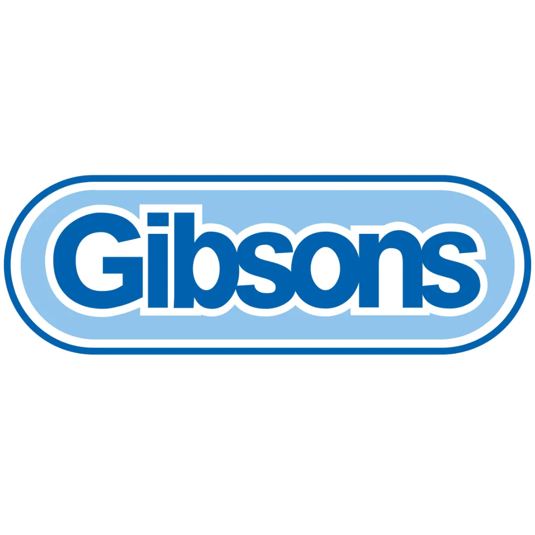 Gibsons logo in blue and white with rounded rectangular shape