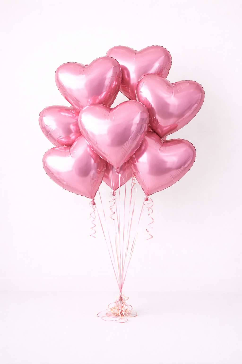 A cluster of pink heart-shaped helium balloons against a white background.