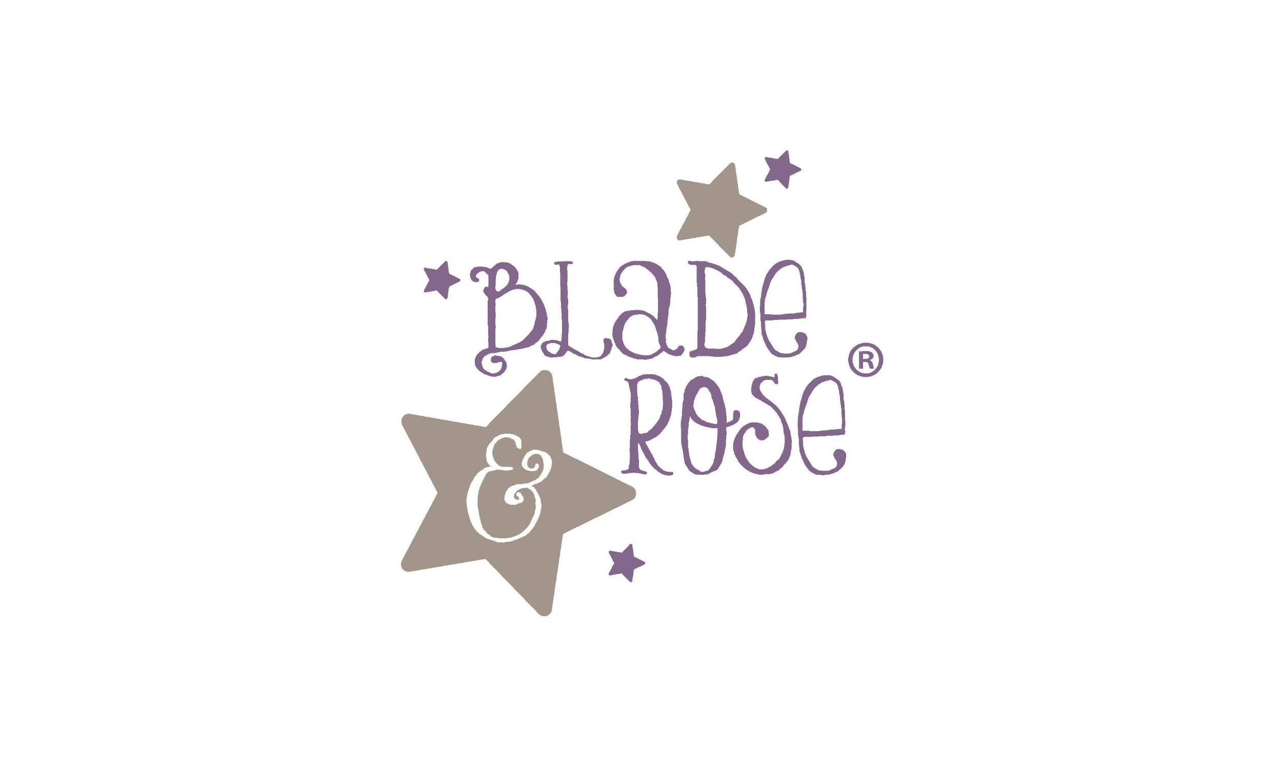 Logo for Blade & Rose with purple and gray stars around the text.