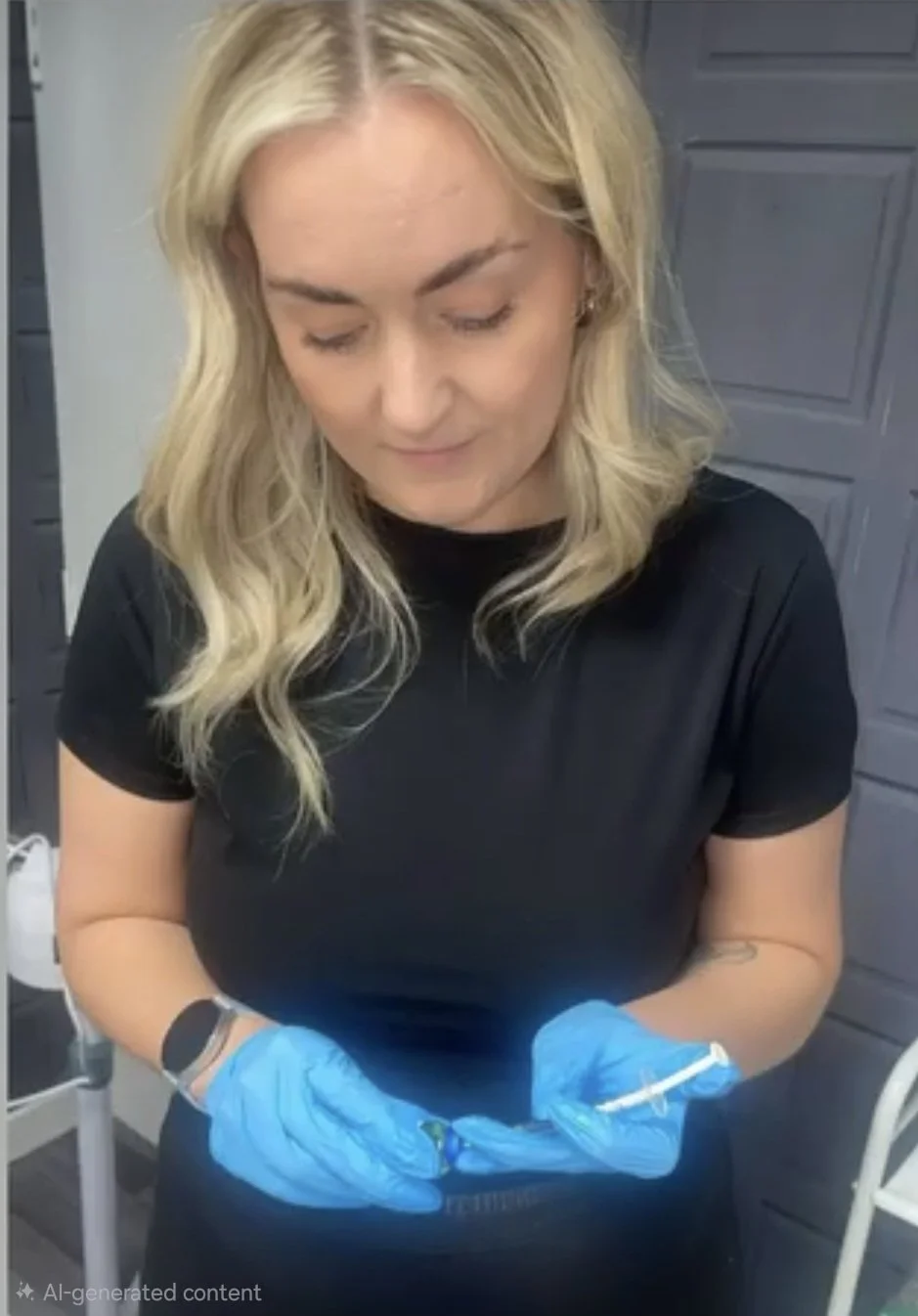 A woman with blonde, wavy hair wearing a black t-shirt and blue gloves, holding a syringe, in a room with gray walls.