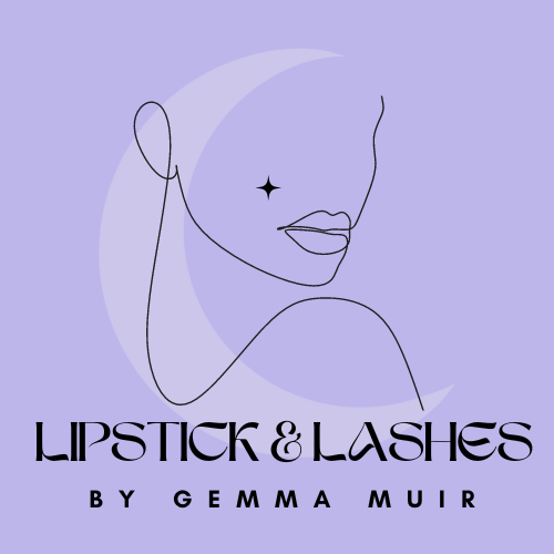 A minimalistic line drawing of a woman's face with earrings, set against a purple background with a crescent moon and star, with text "Lipstick & Lashes by Gemma Muir".