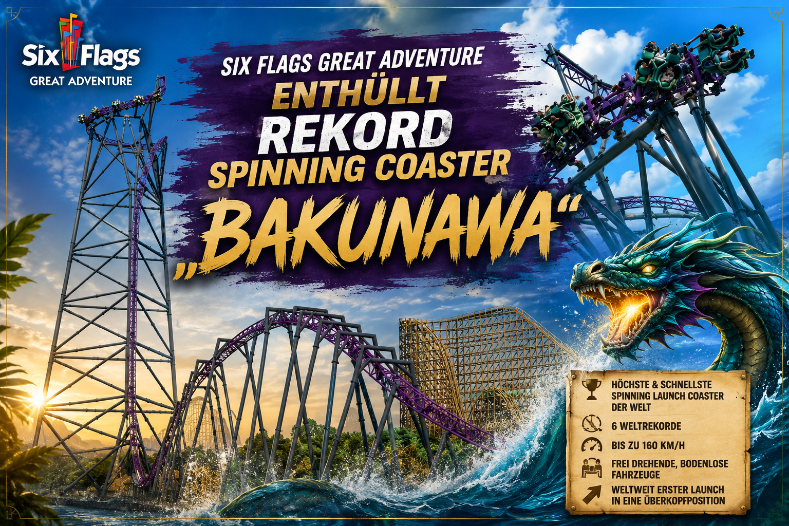 Six Flags Great Adventure enthüllt Rekord Spinning Coaster „BAKUNAWA“