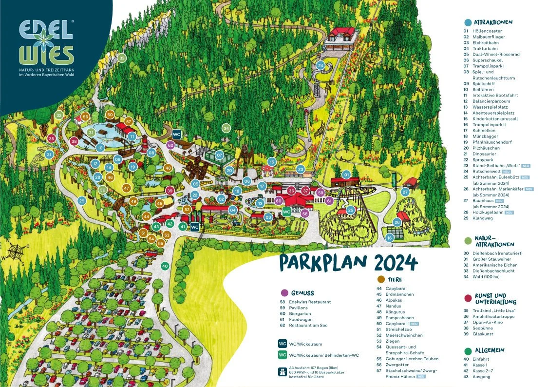 Übersichtsplan des Freizeitparks Edelwies im Bayerischen Wald mit Attraktionen, Tieren, Kunst und Unterhaltung sowie allgemeinen Einrichtungen und Natur-Attraktionen.Edelwies Info Attraktionen Park Plan Guide Map Achterbahn Rollercoaster Adresse Park