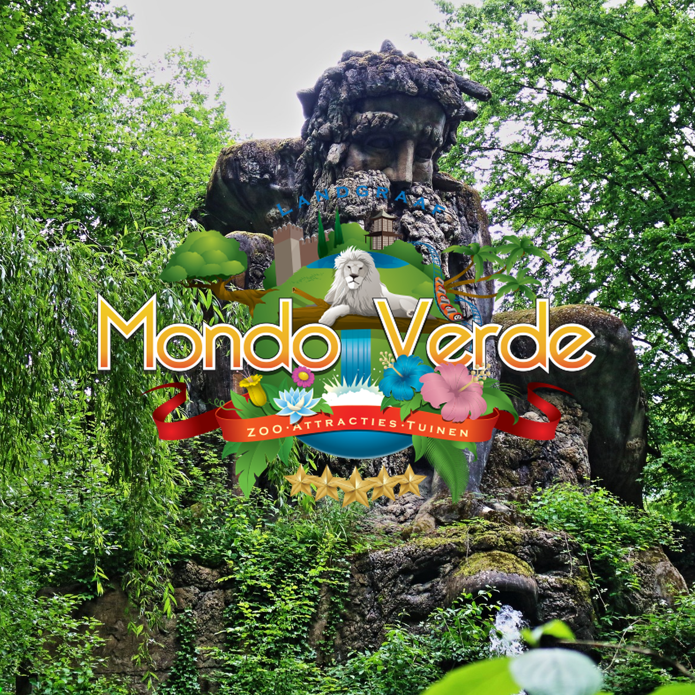 Werbeplakat für den Mondo Verde Park mit einem Wasserfall, einem Löwenbild und tropischen Blumen. Der Text lautet 'Mondo Verde', 'Zoo Attraktionen TUI NEN' und enthält eine 5-Sterne-Bewertung.