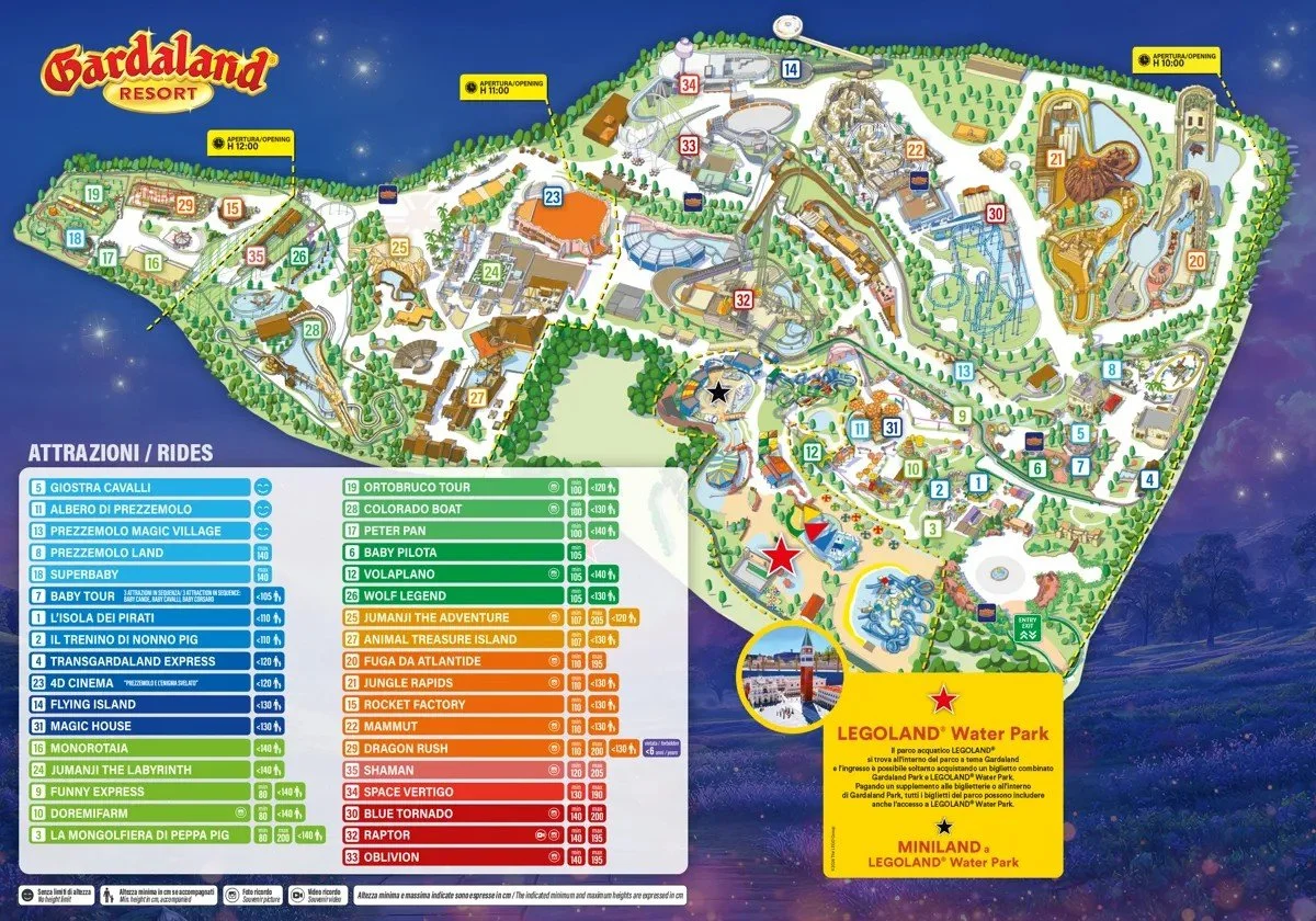 Mit dem Parkplan des Gardaland Resort behältst du den Überblick über alle Achterbahnen, Familienattraktionen, Themenbereiche, Restaurants, Shops, Shows und Serviceeinrichtungen. Plane deinen Besuch am Gardasee in Italien