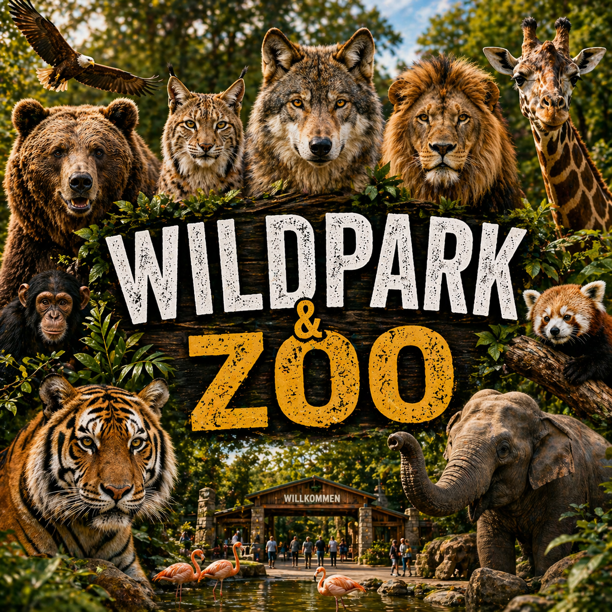 Wildpark und Zoo mit Tieren wie Löwe, Giraffe, Elefant, Tiger, Bär, Pinguine, Affe, Panda, und Adler  Attraktionen Adressen Tickets Preise Info Tiere Europa Deutschland 