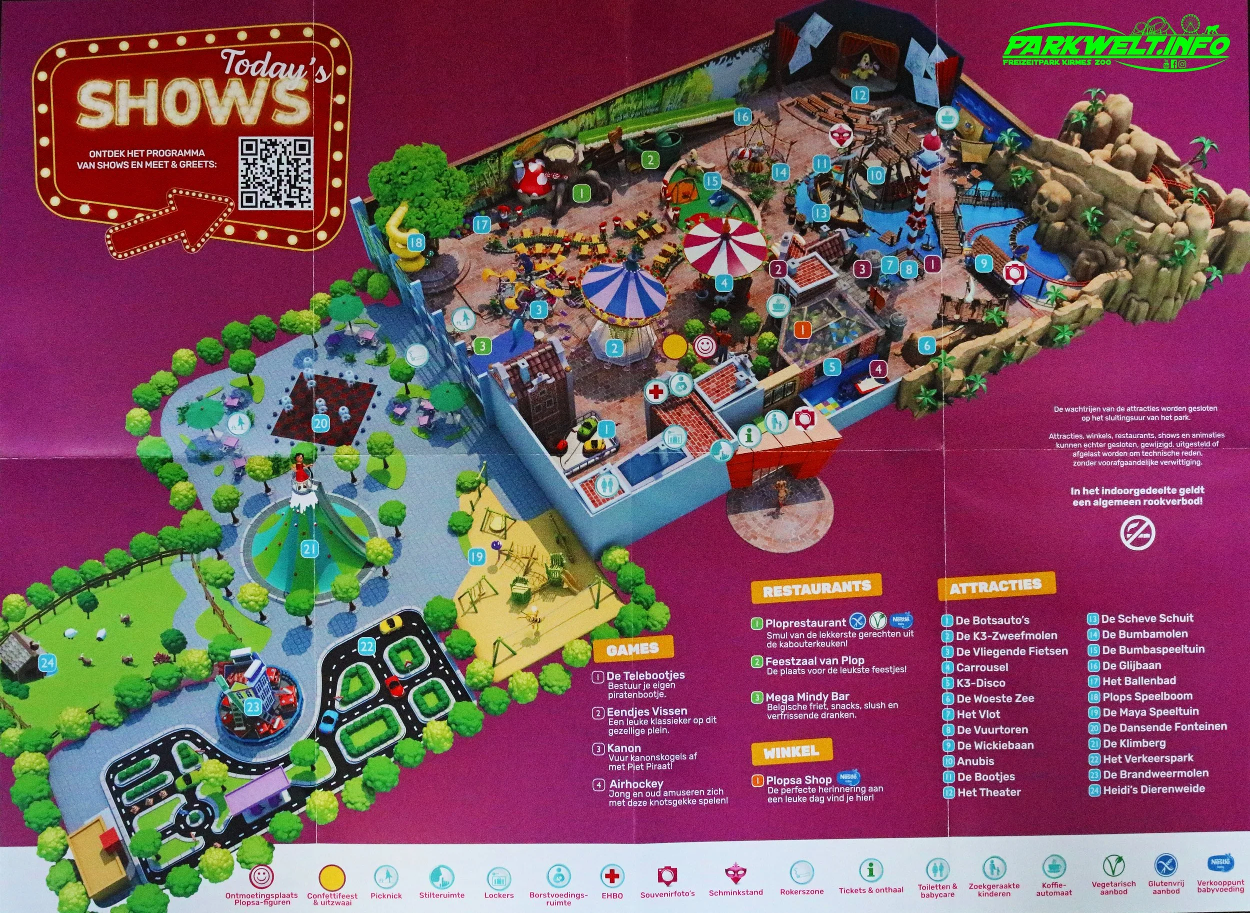 Plopsa Indoor Coevorden Freizeitpark Themepark Niederlande holland Achterbahn Coaster Attraktionen Fahrgeschäft Center Parcs Huttenheugte Park Plan Map Guide Flyer Info Fahrgeschäfte