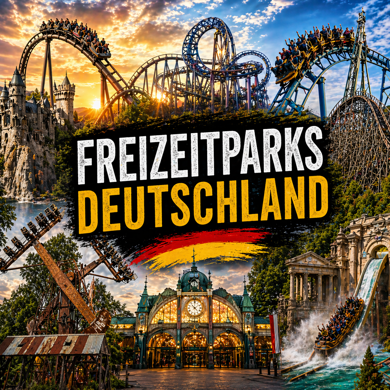  Freizeitparks in Deutschland mit Achterbahnen, Wasserfahrgeschäften  'Freizeitparks Deutschland'. Attraktionen Adressen Tickets Preise Info Achterbahn Rollercoaster Fahrgeschäfte Auswahl freizeitparks themepark Amusementpark phantasialand eifelpark 