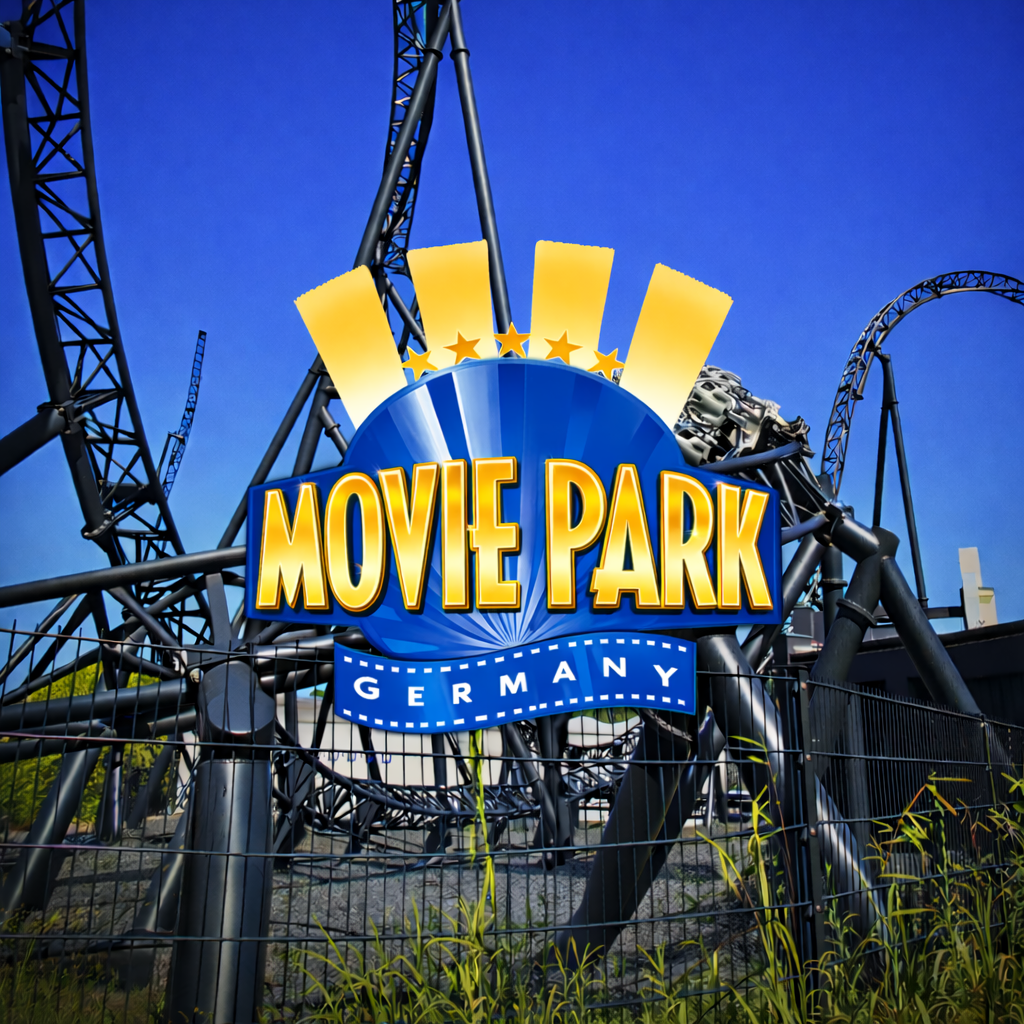 Das Bild zeigt einen Freizeitpark mit einer Achterbahn MOVIE PARK GERMANY movie park freizeitpark themepark filmpark bottrop germany achterbahn attraktionen info