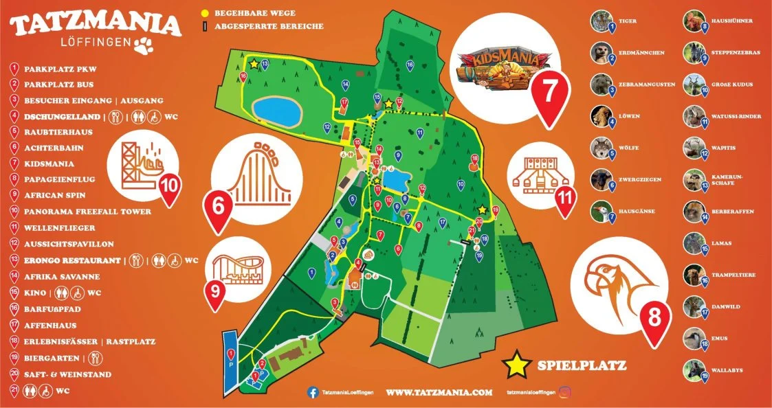 Park Plan Map Guide Tatzmania Löffingen Freizeitpark Themepark Wildpark Baden Württemberg Attraktionen Fahrgeschäfte Achterbahn Rollercoaster Info Preise Öffnungszeiten Adresse Anfahrt Parkplatz