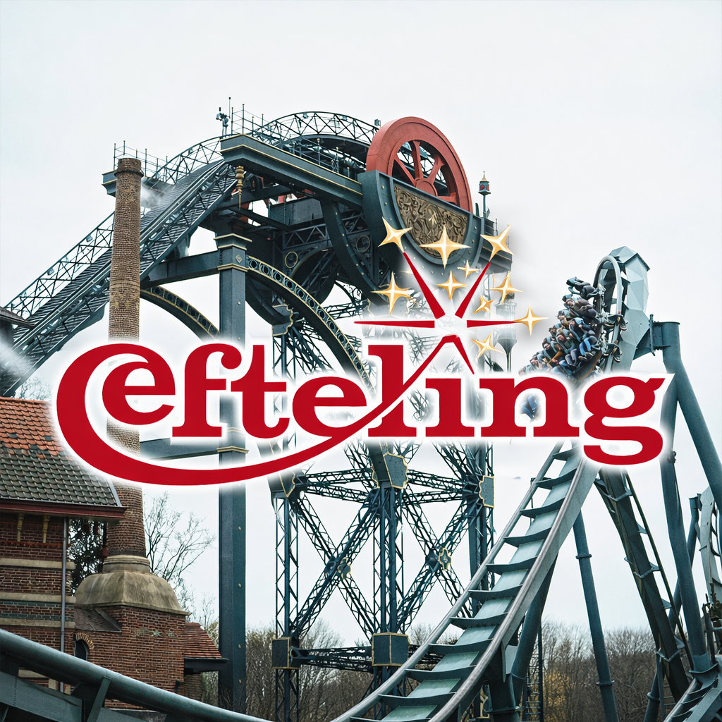 A large monochrome roller coaster with a red wheel and intricate metal structure, with people riding on the coaster, overcast sky, and a red brick building in the foreground. The word 'eftek' is written in bold red letters with sparkles.