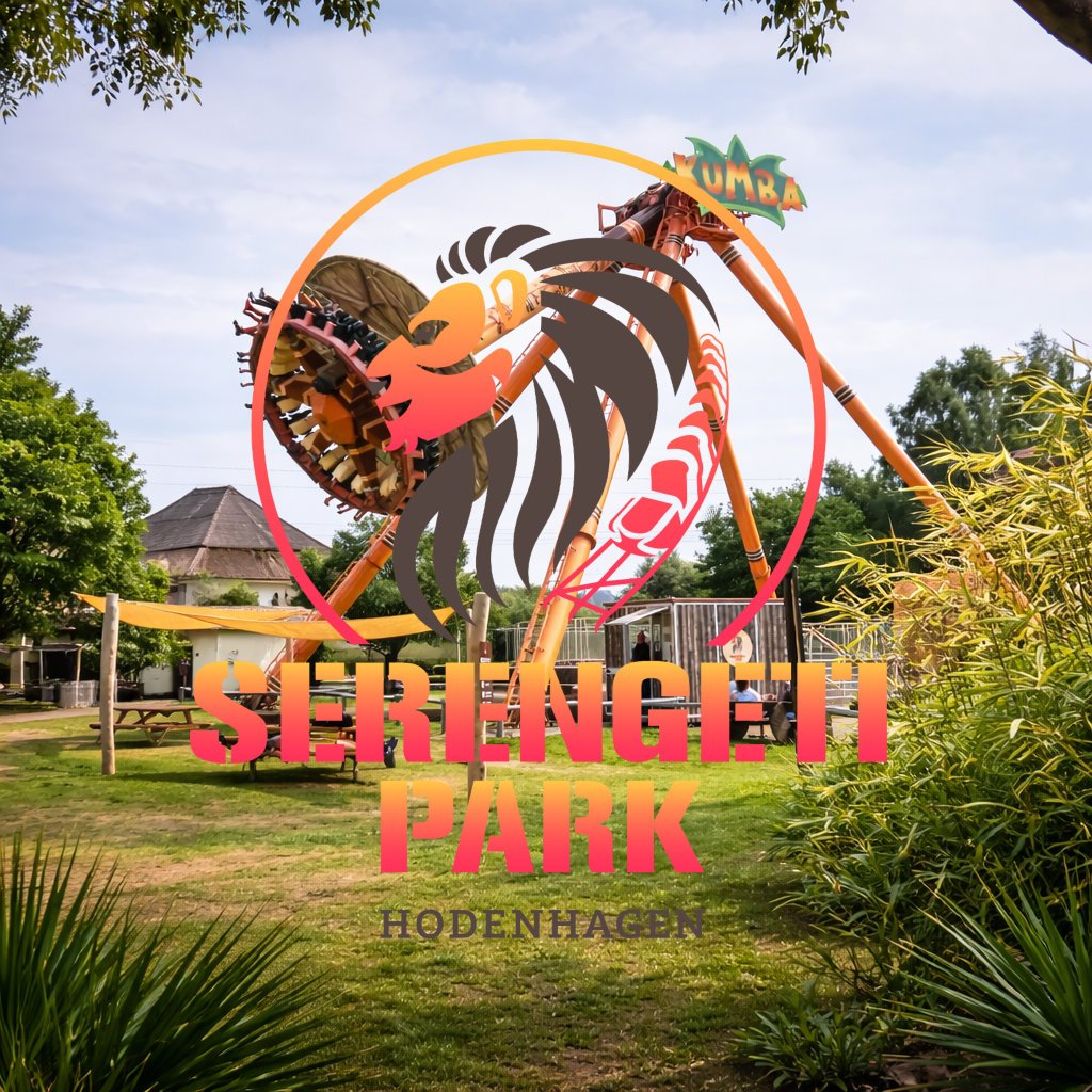 Foto eines Freizeitparks mit einem großer Achterbahn "Serengeti Park Hodenhagen" Serengeti Park Hodenhagen Freizeitpark Themepark Amusementpark Attraktionen Tiere Wildtiere Safari Achterbahn Rollercoaster Coaster Safaripark Info Map Guide Park Plan
