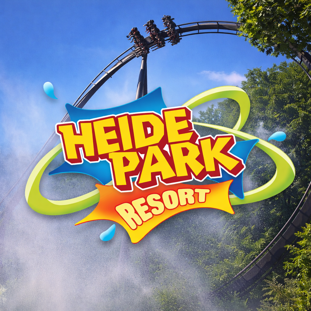Logo des Heide Park Resorts mit Achterbahn Heide Park Resort Soltau Niedersachsen Freizeitpark Themepark Colossos Achterbahn Attraktionen Park Plan Adresse Infos Bilder Show