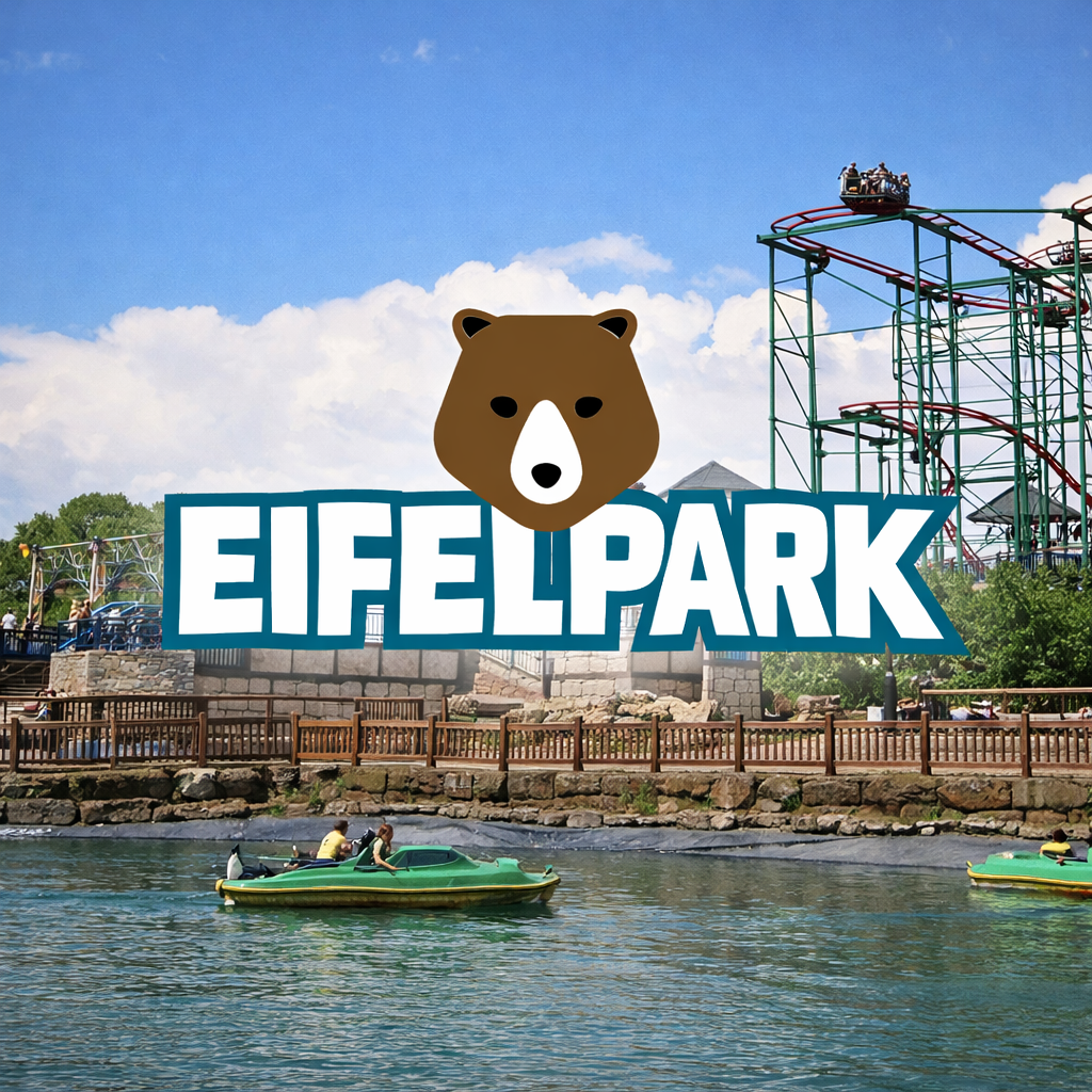 Blick auf einen Freizeitpark namens Eifelpark Eifelpark Gondorf Bitburg Freizeitpark Achterbahn attraktionen fahrgeschäfte karussell info park plan guide show eifel