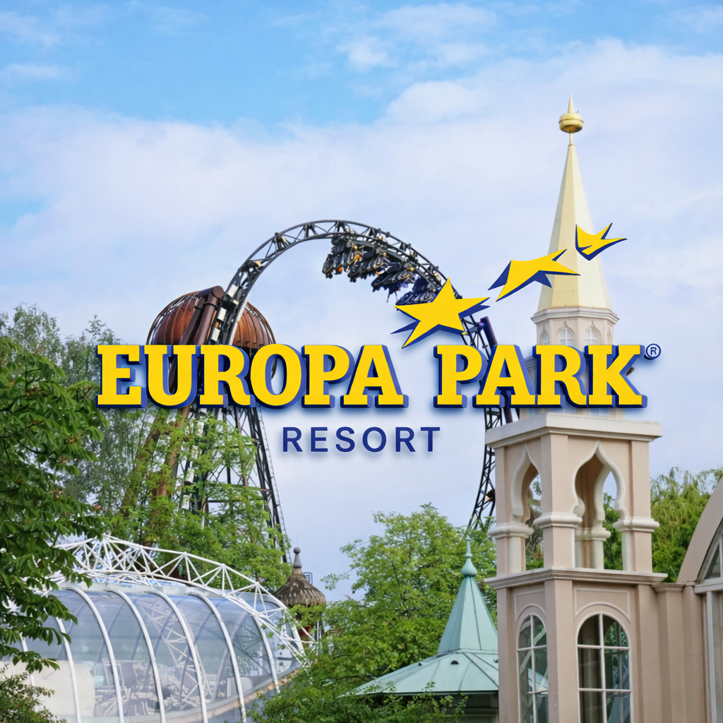 Logo des Europa Park Resorts mit Achterbahn Europa Park Rust Attraktionen Fahrgeschäfte Achterbahn Info Anfahrt Preise Guide Park Plan Map Rulantica Freizeit Coaster Bilder Galerie Veranstaltungen Übernachtung Information 