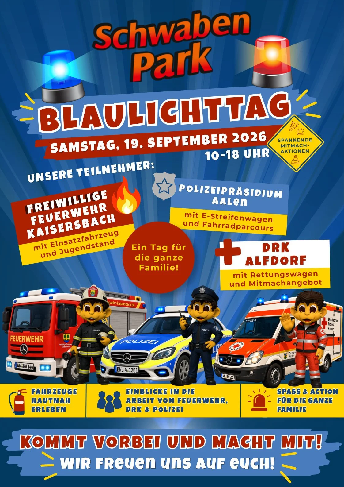 Schwaben Park veranstaltet am Samstag, 19. September 2026, einen Blaulichttag. Von 10 bis 18 Uhr dreht sich im Freizeitpark alles um die Arbeit von Feuerwehr, Polizei und Rettungs- dienst