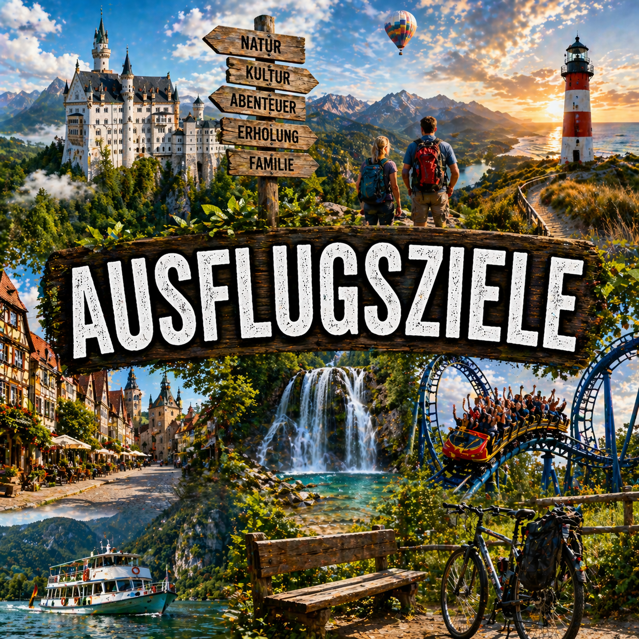 AUSFLUGZIELE Burg, Berglandschaft, Wasserfall, Freizeitpark mit Achterbahn, Fluss mit Schiff, Fahrrad, Attraktionen Adressen Tickets Preise Info Tiere Europa Deutschland
