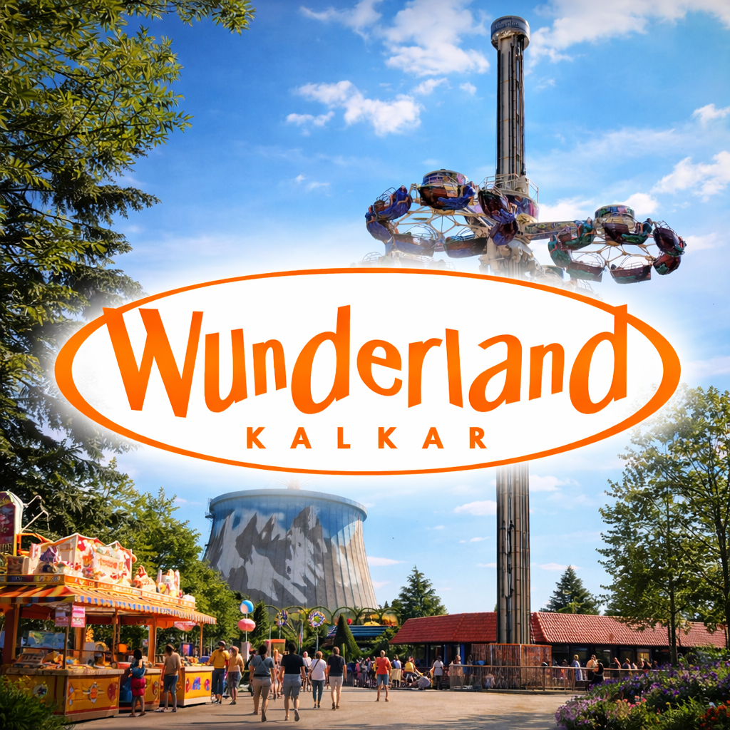 Blick auf den Freizeitpark Wonderland Kalkar mit Fahrgeschäften, Besuchern und einem blauen Himmel mit Wolken.