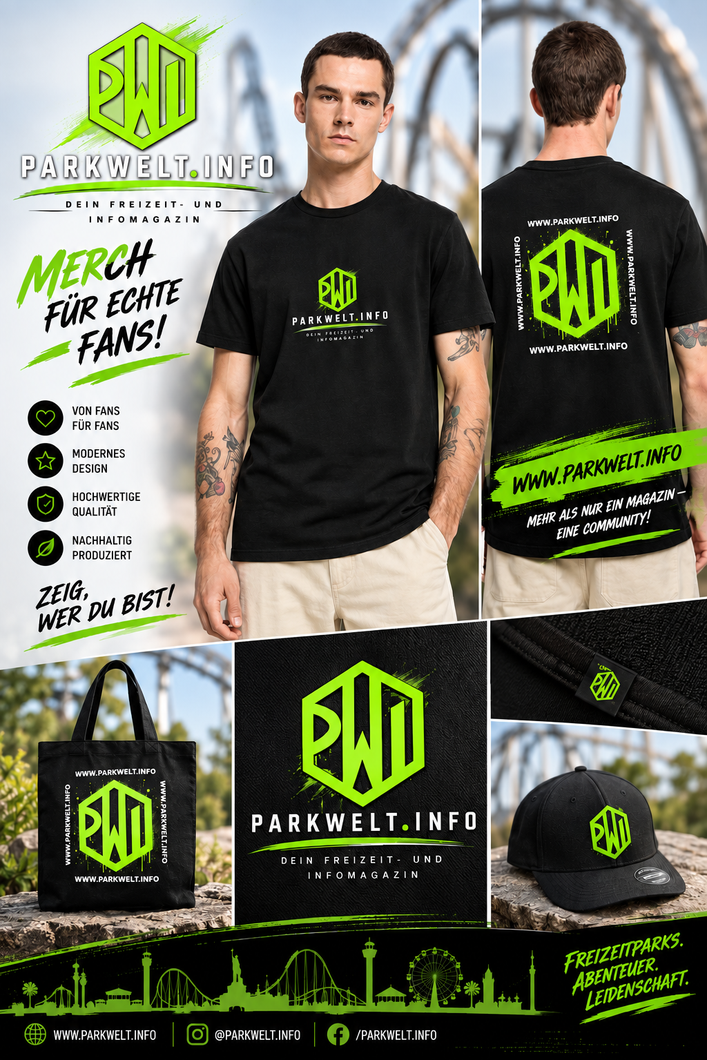 Im Merch-Shop von Parkwelt.info wird Freizeitpark-Leidenschaft tragbar! Entdecke Shirts, Hoodies und Accessoires mit markanten PWI-Designs