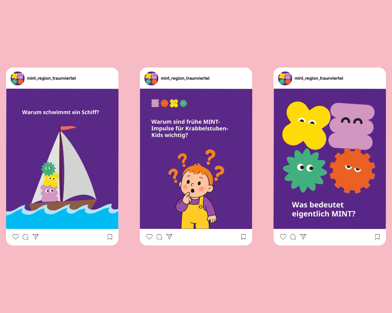 Instagram Posts der MINT Region Traunviertel auf pinkem Hintergrund mit süßen Illustrationen, gestaltet vom Studio für Digitales CHCHCH.