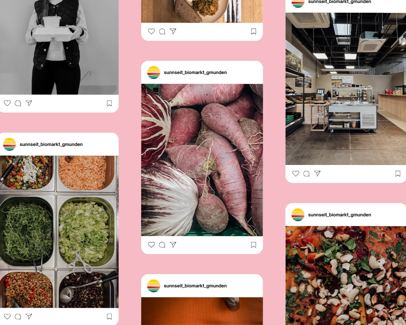 Instagram Posts vom Biomarkt auf pinkem Hintergrund, inszeniert vom Studio für Digitales, CHCHCH.