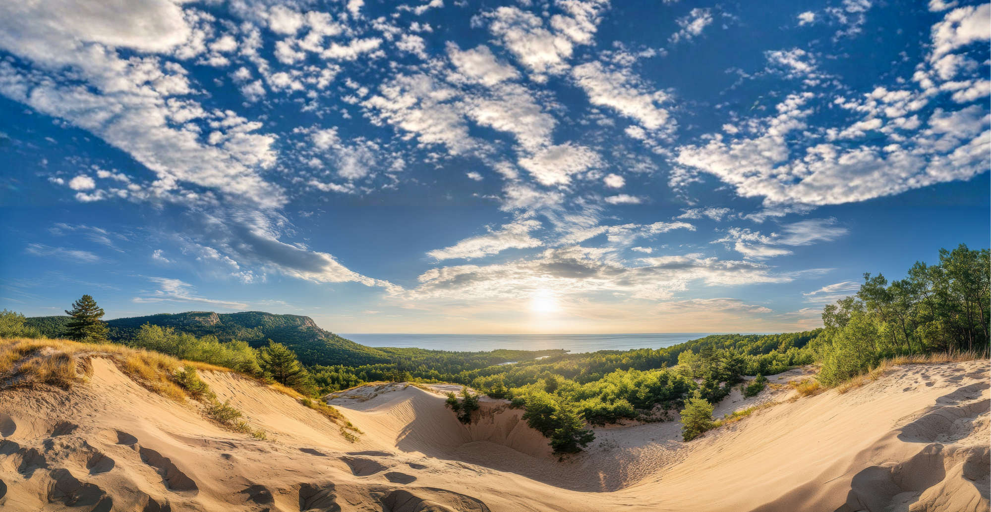 Sand dunes with sparse vegetation, green forested hills, and a body of water in the distance under a partly cloudy sky at sunrise or sunset.