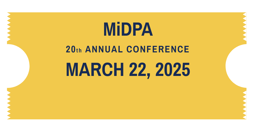 A yellow ticket with black text for the MIDPA 20th annual conference on March 22, 2025.