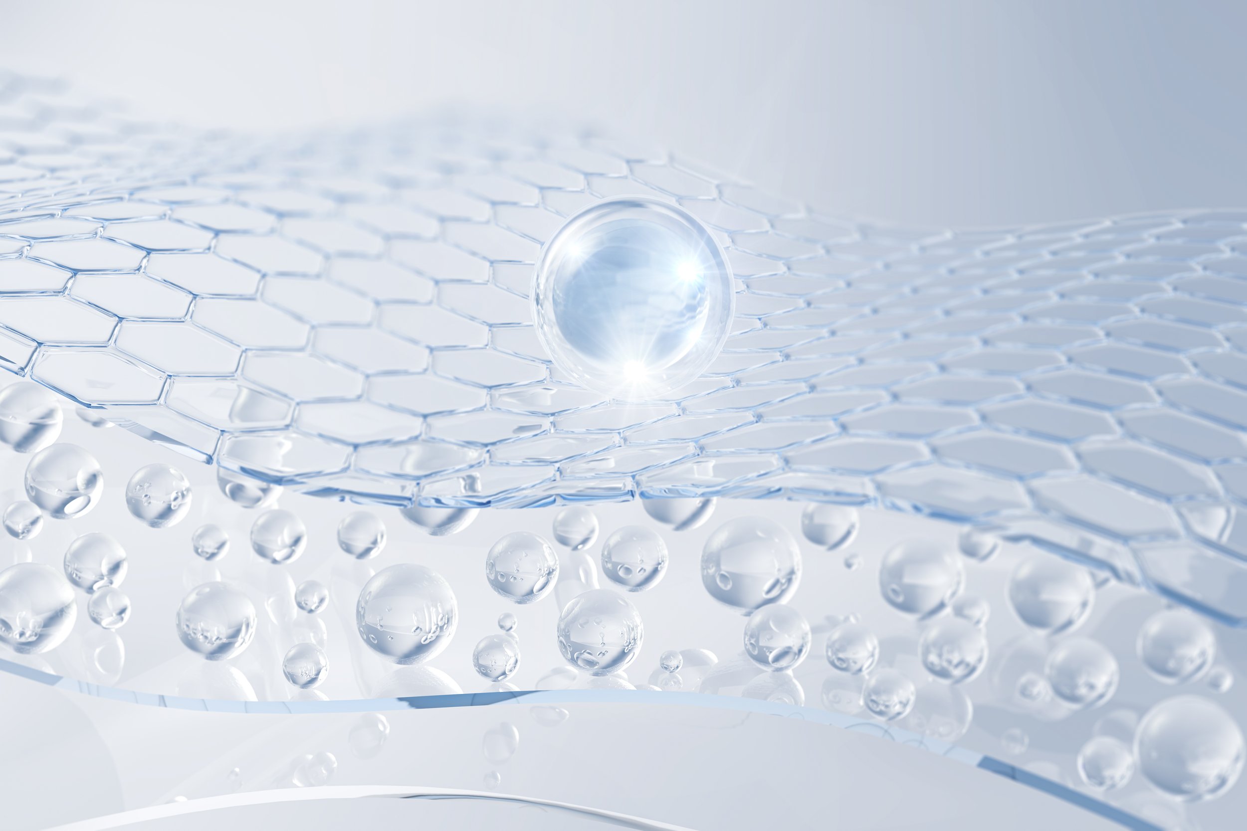 Abstract digital image featuring a hexagonal grid pattern with floating glass spheres of various sizes, including one prominent sphere reflecting light, on a glossy white surface.