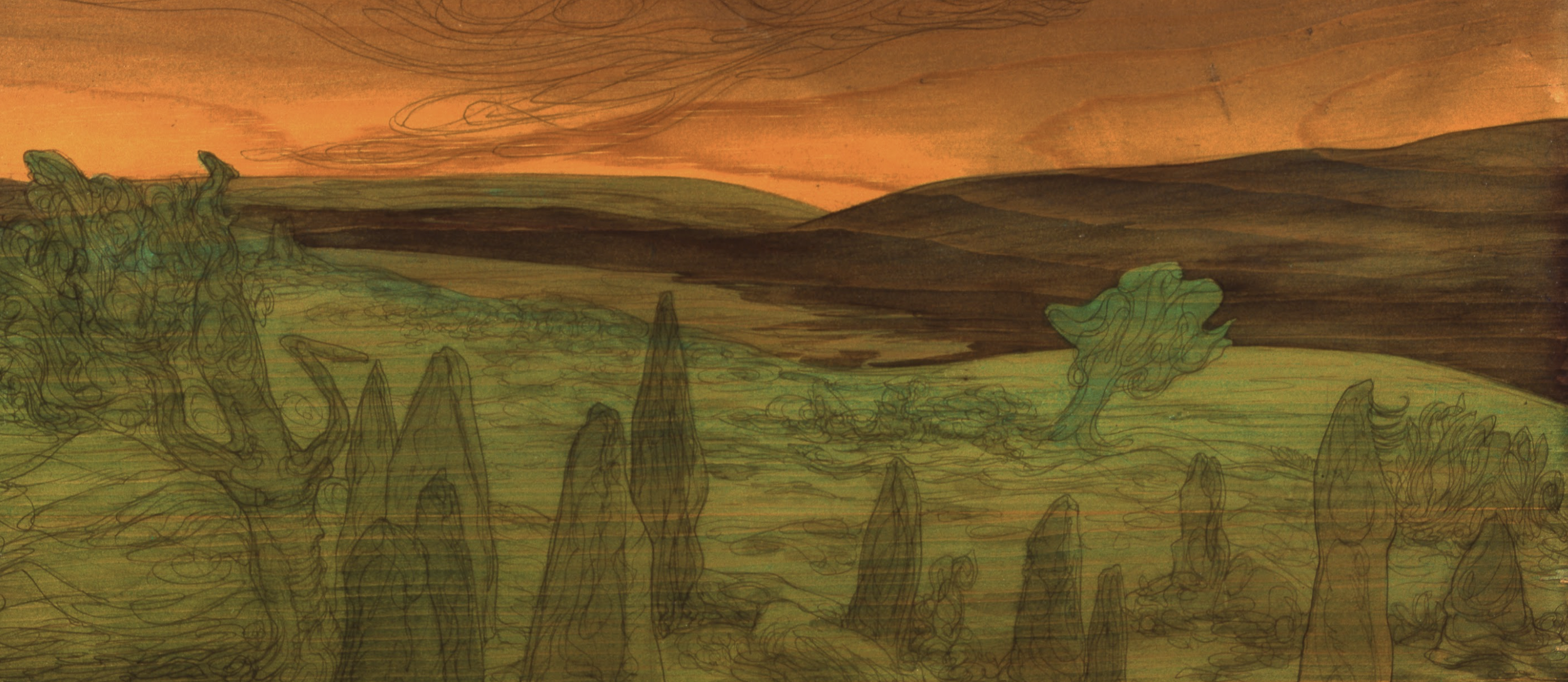 A colorful, abstract landscape drawing with rolling hills, sparse trees, and a sunset sky.